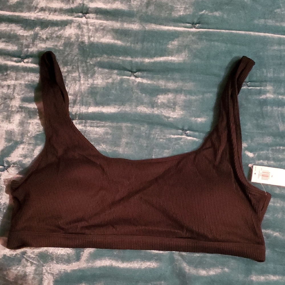Women's Black Ribbed Swim Bikini Top With Cut Out Back